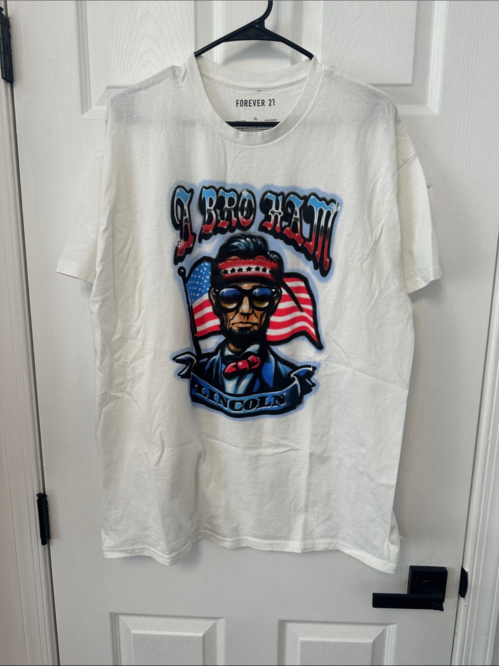Forever 21 White Short-Sleeve Graphic Lincoln Tee with Flag Motif